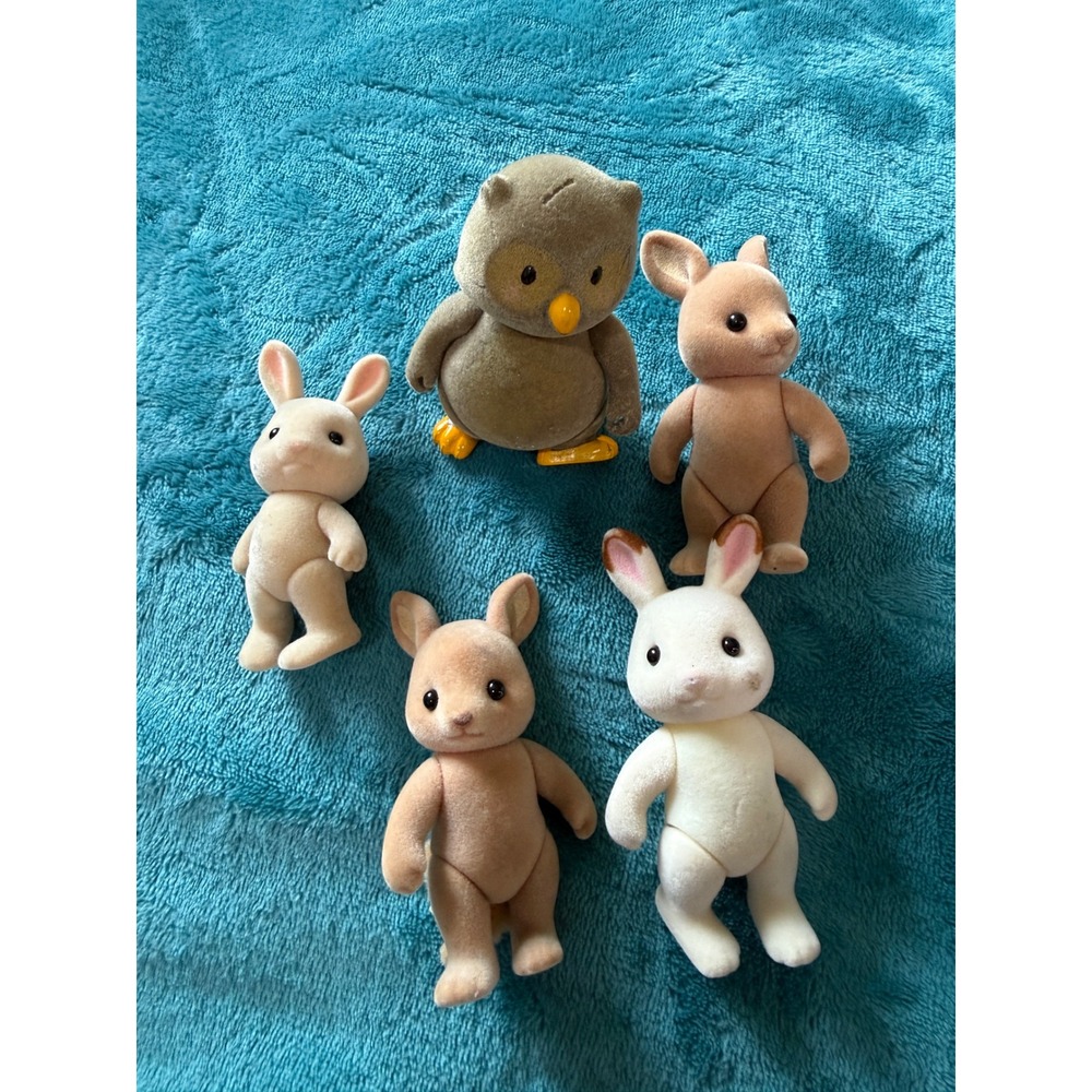 Vintage Calico Animal Figurines Set‎ 5pc Owl Kangaroo Rabbit Woodland Toys